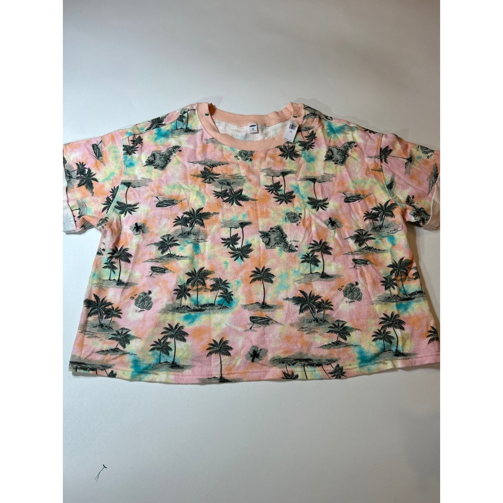 Old Navy Sweatshirt Women 3X Plus Pink Tropical Palm Tree French Terry Crop Top
